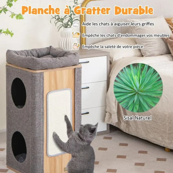 Arbre à Chat Rectangulaire à 3 Niveaux avec Couverture Amovible du Condo Tour à Griffer pour Chat avec Coussin en Peluche Naturel+Gris