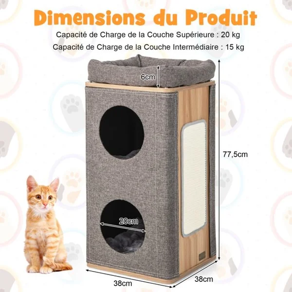 Arbre à Chat Rectangulaire à 3 Niveaux avec Couverture Amovible du Condo Tour à Griffer pour Chat avec Coussin en Peluche Naturel+Gris