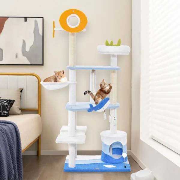 Arbre à Chat Sur Le Thème de l'Océan Centre d'Activités Multi-niveaux avec Griffoirs Recouverts de Sisal pour Chats D'intérieur Bleu