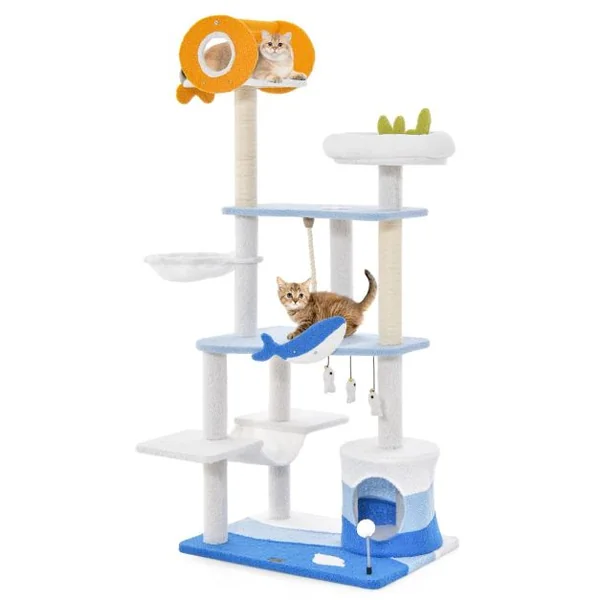 Arbre à Chat Sur Le Thème de l'Océan Centre d'Activités Multi-niveaux avec Griffoirs Recouverts de Sisal pour Chats D'intérieur Bleu