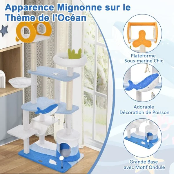 Arbre à Chat Sur Le Thème de l'Océan Centre d'Activités Multi-niveaux avec Griffoirs Recouverts de Sisal pour Chats D'intérieur Bleu