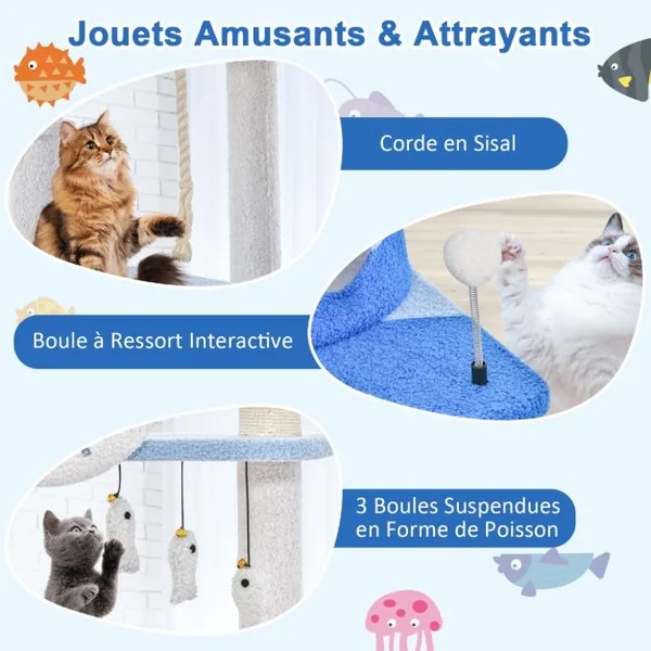 Arbre à Chat Sur Le Thème de l'Océan Centre d'Activités Multi-niveaux avec Griffoirs Recouverts de Sisal pour Chats D'intérieur Bleu