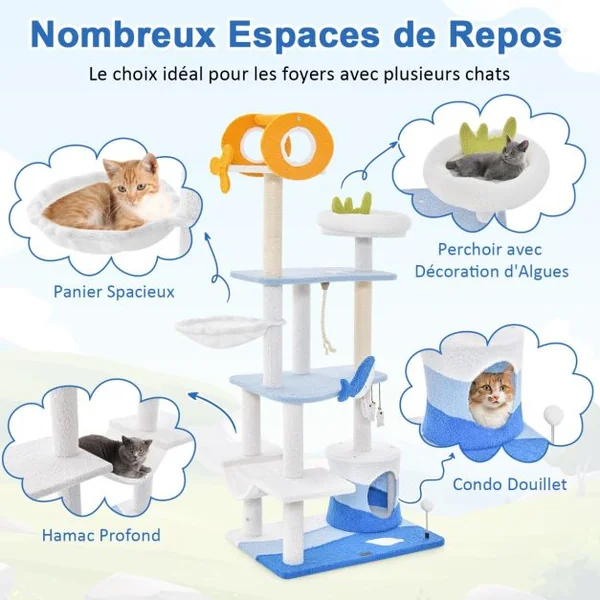 Arbre à Chat Sur Le Thème de l'Océan Centre d'Activités Multi-niveaux avec Griffoirs Recouverts de Sisal pour Chats D'intérieur Bleu
