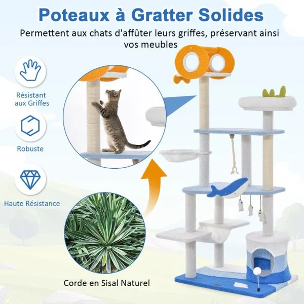 Arbre à Chat Sur Le Thème de l'Océan Centre d'Activités Multi-niveaux avec Griffoirs Recouverts de Sisal pour Chats D'intérieur Bleu