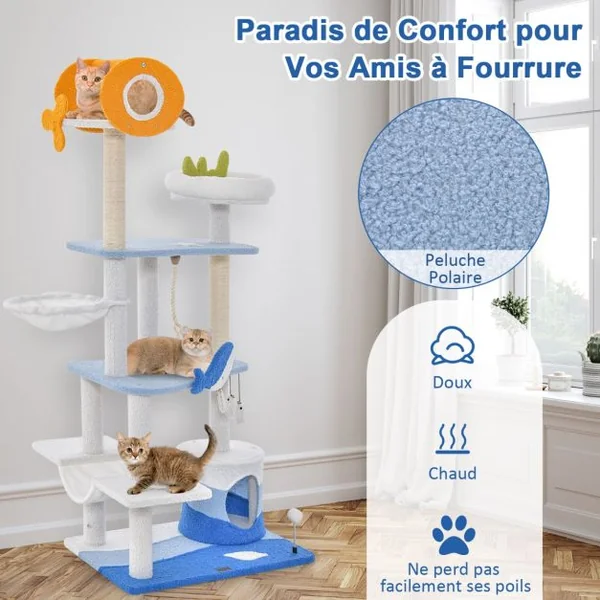 Arbre à Chat Sur Le Thème de l'Océan Centre d'Activités Multi-niveaux avec Griffoirs Recouverts de Sisal pour Chats D'intérieur Bleu