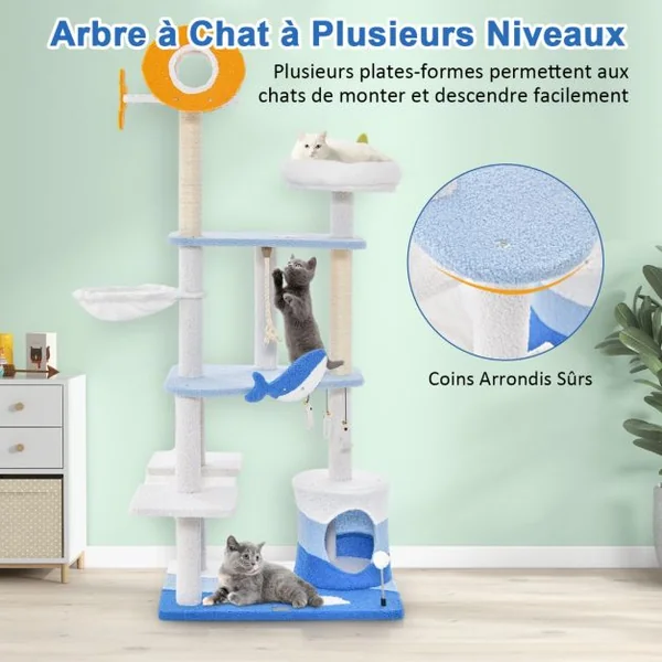Arbre à Chat Sur Le Thème de l'Océan Centre d'Activités Multi-niveaux avec Griffoirs Recouverts de Sisal pour Chats D'intérieur Bleu