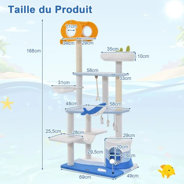 Arbre à Chat Sur Le Thème de l'Océan Centre d'Activités Multi-niveaux avec Griffoirs Recouverts de Sisal pour Chats D'intérieur Bleu
