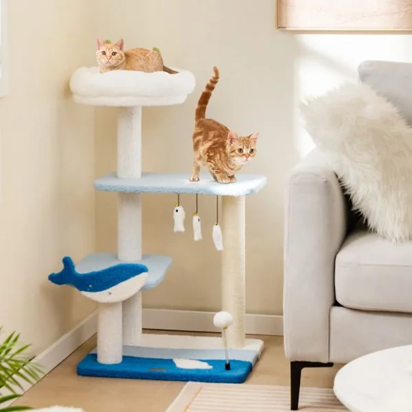 Arbre à Chat Sur Le Thème de l'Océan Centre D'activités à 3 Niveaux avec Griffoirs Recouverts de Sisal Jouets Suspendus pour Chats d'Intérieur Bleu