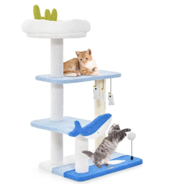Arbre à Chat Sur Le Thème de l'Océan Centre D'activités à 3 Niveaux avec Griffoirs Recouverts de Sisal Jouets Suspendus pour Chats d'Intérieur Bleu