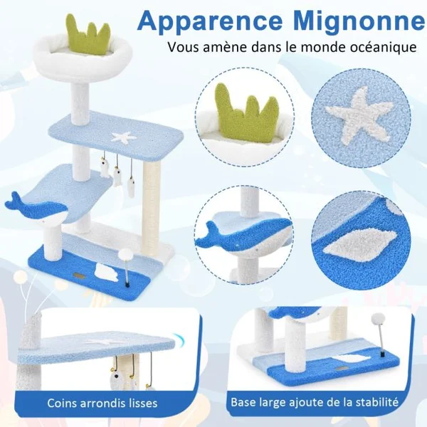 Arbre à Chat Sur Le Thème de l'Océan Centre D'activités à 3 Niveaux avec Griffoirs Recouverts de Sisal Jouets Suspendus pour Chats d'Intérieur Bleu