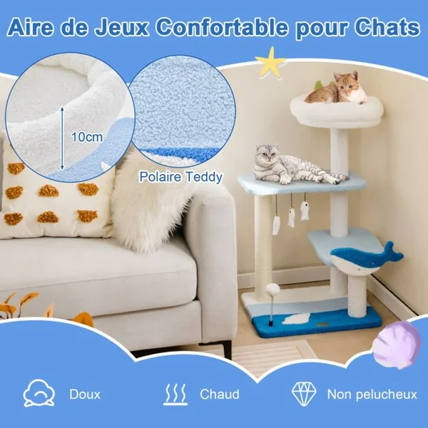 Arbre à Chat Sur Le Thème de l'Océan Centre D'activités à 3 Niveaux avec Griffoirs Recouverts de Sisal Jouets Suspendus pour Chats d'Intérieur Bleu