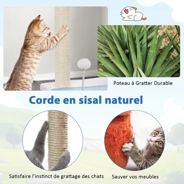 Arbre à Chat Sur Le Thème de l'Océan Centre D'activités à 3 Niveaux avec Griffoirs Recouverts de Sisal Jouets Suspendus pour Chats d'Intérieur Bleu