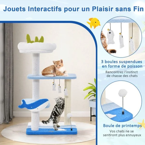 Arbre à Chat Sur Le Thème de l'Océan Centre D'activités à 3 Niveaux avec Griffoirs Recouverts de Sisal Jouets Suspendus pour Chats d'Intérieur Bleu