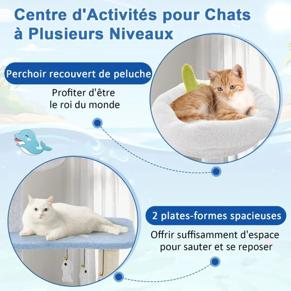 Arbre à Chat Sur Le Thème de l'Océan Centre D'activités à 3 Niveaux avec Griffoirs Recouverts de Sisal Jouets Suspendus pour Chats d'Intérieur Bleu
