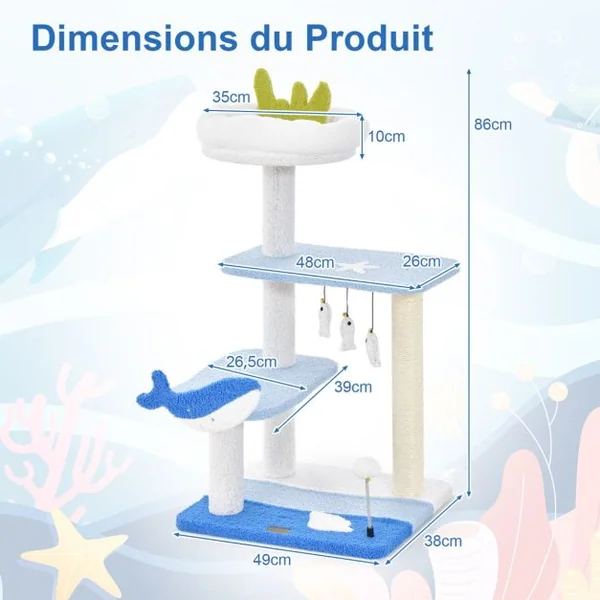 Arbre à Chat Sur Le Thème de l'Océan Centre D'activités à 3 Niveaux avec Griffoirs Recouverts de Sisal Jouets Suspendus pour Chats d'Intérieur Bleu