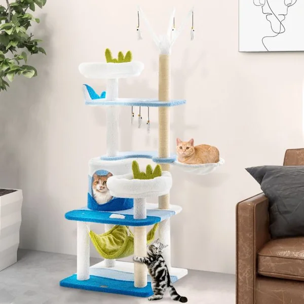 Arbre à Chat Sur Le Thème de l'Océan Tour à Plusieurs Niveaux Griffoirs en Sisal Condo Perchoir Hamac Plates-formes Jouets Suspendus Bleu
