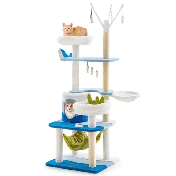 Arbre à Chat Sur Le Thème de l'Océan Tour à Plusieurs Niveaux Griffoirs en Sisal Condo Perchoir Hamac Plates-formes Jouets Suspendus Bleu