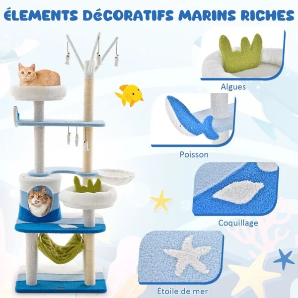 Arbre à Chat Sur Le Thème de l'Océan Tour à Plusieurs Niveaux Griffoirs en Sisal Condo Perchoir Hamac Plates-formes Jouets Suspendus Bleu