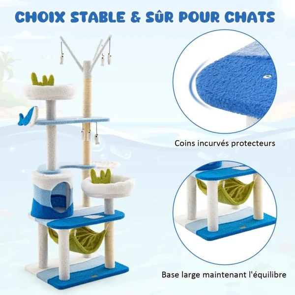Arbre à Chat Sur Le Thème de l'Océan Tour à Plusieurs Niveaux Griffoirs en Sisal Condo Perchoir Hamac Plates-formes Jouets Suspendus Bleu