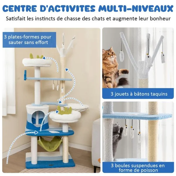 Arbre à Chat Sur Le Thème de l'Océan Tour à Plusieurs Niveaux Griffoirs en Sisal Condo Perchoir Hamac Plates-formes Jouets Suspendus Bleu
