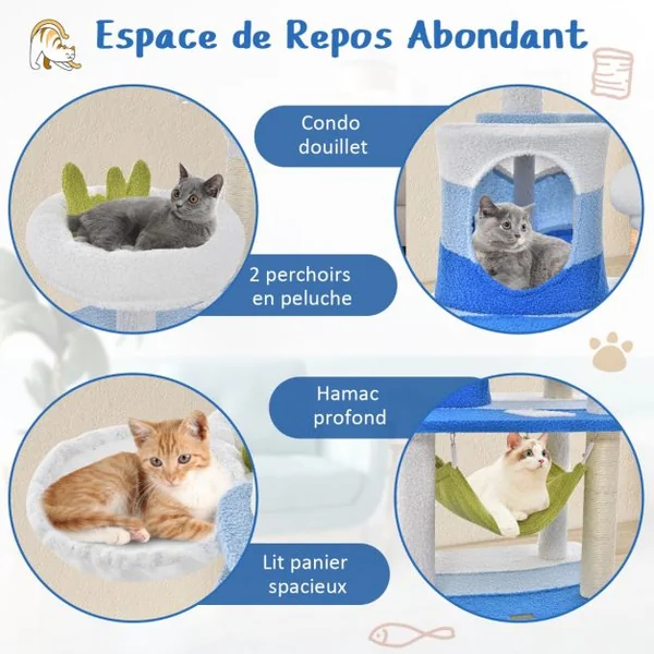 Arbre à Chat Sur Le Thème de l'Océan Tour à Plusieurs Niveaux Griffoirs en Sisal Condo Perchoir Hamac Plates-formes Jouets Suspendus Bleu