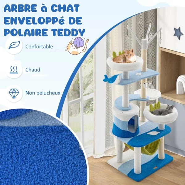 Arbre à Chat Sur Le Thème de l'Océan Tour à Plusieurs Niveaux Griffoirs en Sisal Condo Perchoir Hamac Plates-formes Jouets Suspendus Bleu