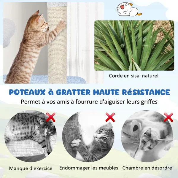 Arbre à Chat Sur Le Thème de l'Océan Tour à Plusieurs Niveaux Griffoirs en Sisal Condo Perchoir Hamac Plates-formes Jouets Suspendus Bleu
