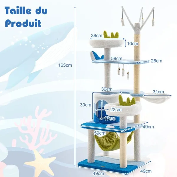 Arbre à Chat Sur Le Thème de l'Océan Tour à Plusieurs Niveaux Griffoirs en Sisal Condo Perchoir Hamac Plates-formes Jouets Suspendus Bleu