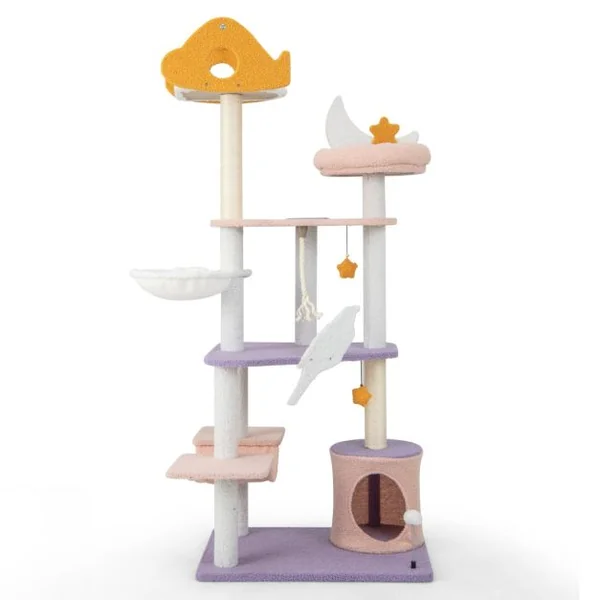 Arbre à Chat Tour à Plusieurs Niveaux de 167 Cm Griffoirs Recouverts de Sisal Plate-forme en Forme d'Avion Perchoir en Peluche en Sisal Violet