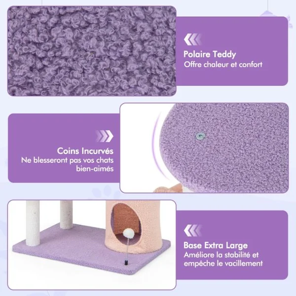 Arbre à Chat Tour à Plusieurs Niveaux de 167 Cm Griffoirs Recouverts de Sisal Plate-forme en Forme d'Avion Perchoir en Peluche en Sisal Violet