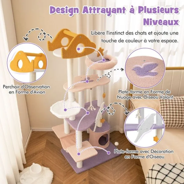 Arbre à Chat Tour à Plusieurs Niveaux de 167 Cm Griffoirs Recouverts de Sisal Plate-forme en Forme d'Avion Perchoir en Peluche en Sisal Violet