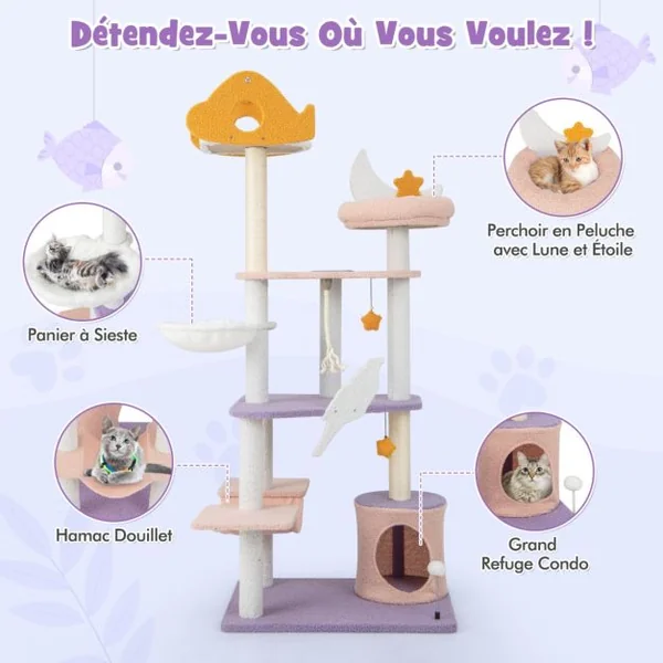 Arbre à Chat Tour à Plusieurs Niveaux de 167 Cm Griffoirs Recouverts de Sisal Plate-forme en Forme d'Avion Perchoir en Peluche en Sisal Violet