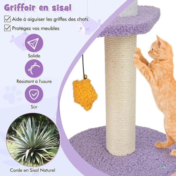 Arbre à Chat Tour à Plusieurs Niveaux de 167 Cm Griffoirs Recouverts de Sisal Plate-forme en Forme d'Avion Perchoir en Peluche en Sisal Violet