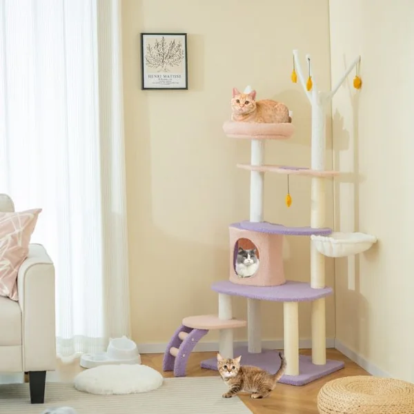 Arbre à Chat Violet Tour à Plusieurs Niveaux de 158 CM avec Échelle Poteaux à Griffer de Sisal Condo Perchoir Moelleux Hamac Violet