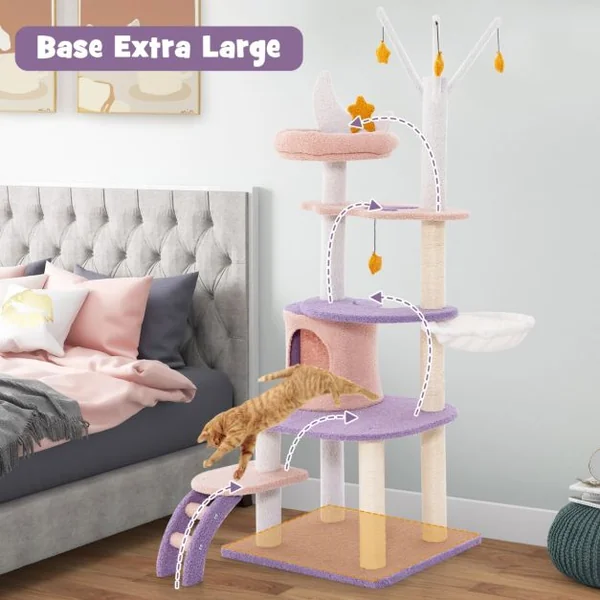 Arbre à Chat Violet Tour à Plusieurs Niveaux de 158 CM avec Échelle Poteaux à Griffer de Sisal Condo Perchoir Moelleux Hamac Violet