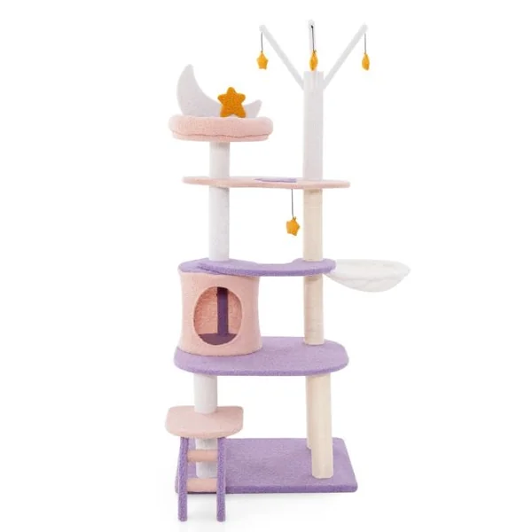 Arbre à Chat Violet Tour à Plusieurs Niveaux de 158 CM avec Échelle Poteaux à Griffer de Sisal Condo Perchoir Moelleux Hamac Violet