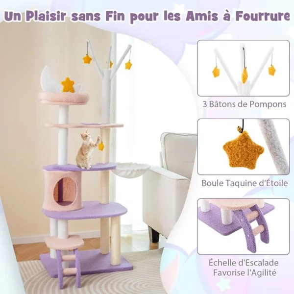 Arbre à Chat Violet Tour à Plusieurs Niveaux de 158 CM avec Échelle Poteaux à Griffer de Sisal Condo Perchoir Moelleux Hamac Violet