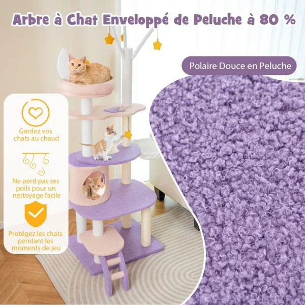 Arbre à Chat Violet Tour à Plusieurs Niveaux de 158 CM avec Échelle Poteaux à Griffer de Sisal Condo Perchoir Moelleux Hamac Violet