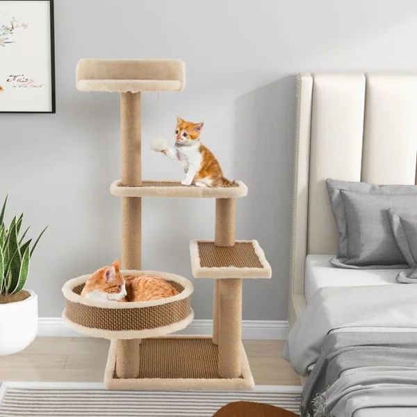 Arbre à Chat à 4 Niveaux Balle Suspendue Poteaux à Gratter Perchoir Supérieur Plateformes Lit Spacieux Tapis en Peluche Amovible