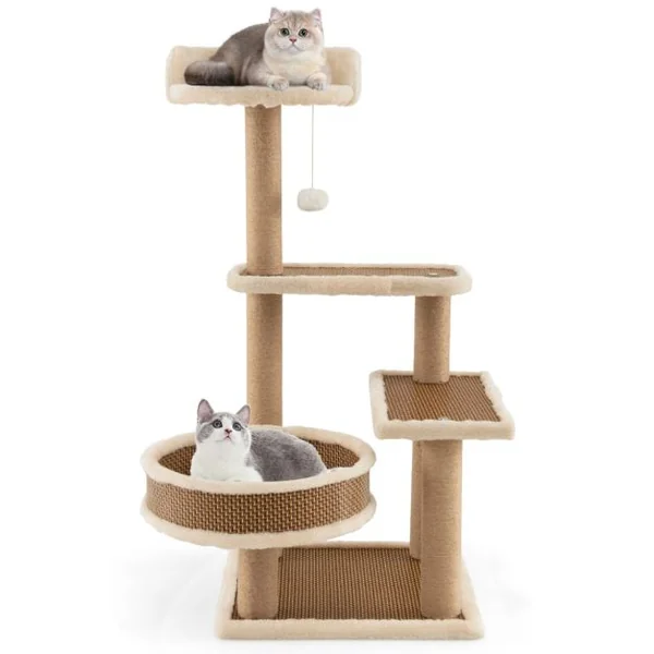 Arbre à Chat à 4 Niveaux Balle Suspendue Poteaux à Gratter Perchoir Supérieur Plateformes Lit Spacieux Tapis en Peluche Amovible