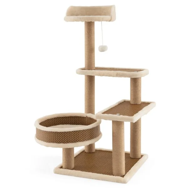 Arbre à Chat à 4 Niveaux Balle Suspendue Poteaux à Gratter Perchoir Supérieur Plateformes Lit Spacieux Tapis en Peluche Amovible