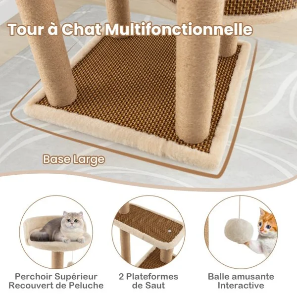 Arbre à Chat à 4 Niveaux Balle Suspendue Poteaux à Gratter Perchoir Supérieur Plateformes Lit Spacieux Tapis en Peluche Amovible