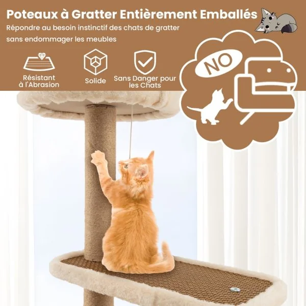 Arbre à Chat à 4 Niveaux Balle Suspendue Poteaux à Gratter Perchoir Supérieur Plateformes Lit Spacieux Tapis en Peluche Amovible