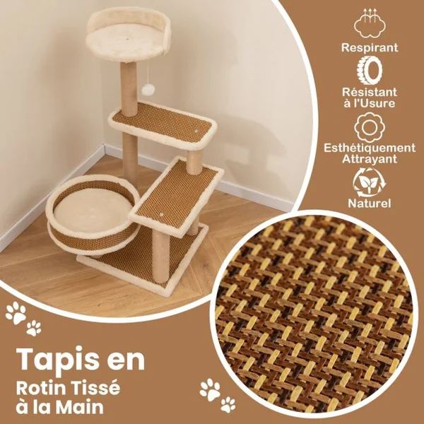 Arbre à Chat à 4 Niveaux Balle Suspendue Poteaux à Gratter Perchoir Supérieur Plateformes Lit Spacieux Tapis en Peluche Amovible