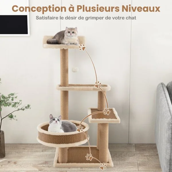 Arbre à Chat à 4 Niveaux Balle Suspendue Poteaux à Gratter Perchoir Supérieur Plateformes Lit Spacieux Tapis en Peluche Amovible