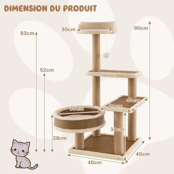 Arbre à Chat à 4 Niveaux Balle Suspendue Poteaux à Gratter Perchoir Supérieur Plateformes Lit Spacieux Tapis en Peluche Amovible