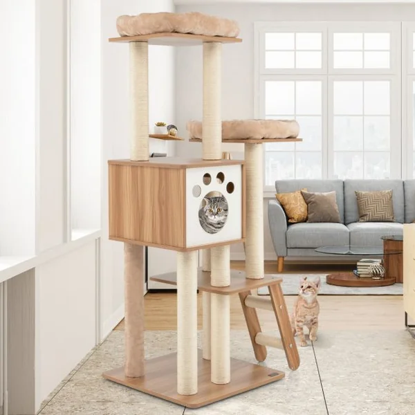 Arbre à Chat à 5 Niveaux avec Niche 2 Perchoirs en Peluche Rembourrés Hauteur 157cm Support d'Arbre Multi en MDF&Sisal Beige