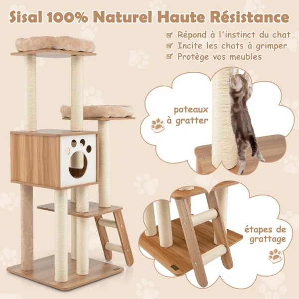 Arbre à Chat à 5 Niveaux avec Niche 2 Perchoirs en Peluche Rembourrés Hauteur 157cm Support d'Arbre Multi en MDF&Sisal Beige