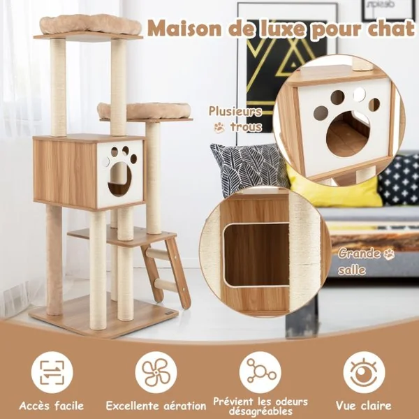 Arbre à Chat à 5 Niveaux avec Niche 2 Perchoirs en Peluche Rembourrés Hauteur 157cm Support d'Arbre Multi en MDF&Sisal Beige