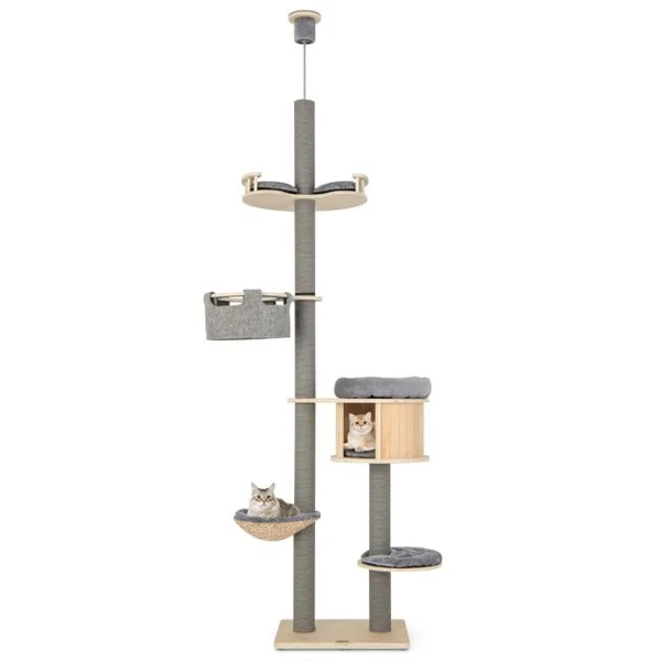 Arbre à Chat à 6 Niveaux Hauteur Réglable de 255 à 280 Cm Tour pour Chat avec Condo Hamac Poteaux à Gratter Tremplin Plate-forme Naturel